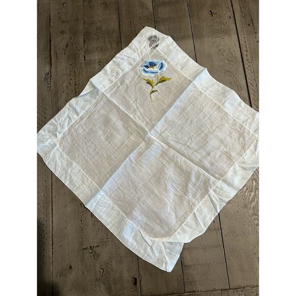 Vintage Ladies Hankie By Desco Embroidered Blue And White Floral NOS Semi Sheer - Picture 2 of 6